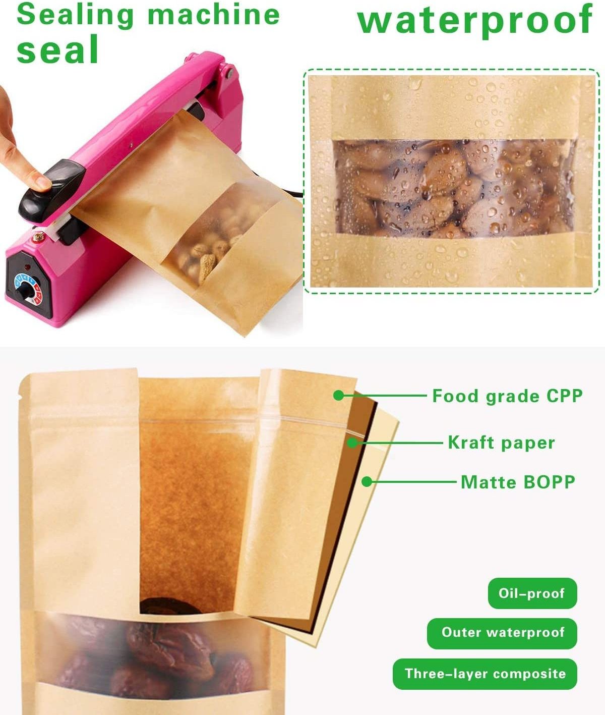 Biodegradable recycled customized stand up pouches dry food packaging brown kraft paper bags with translucent window