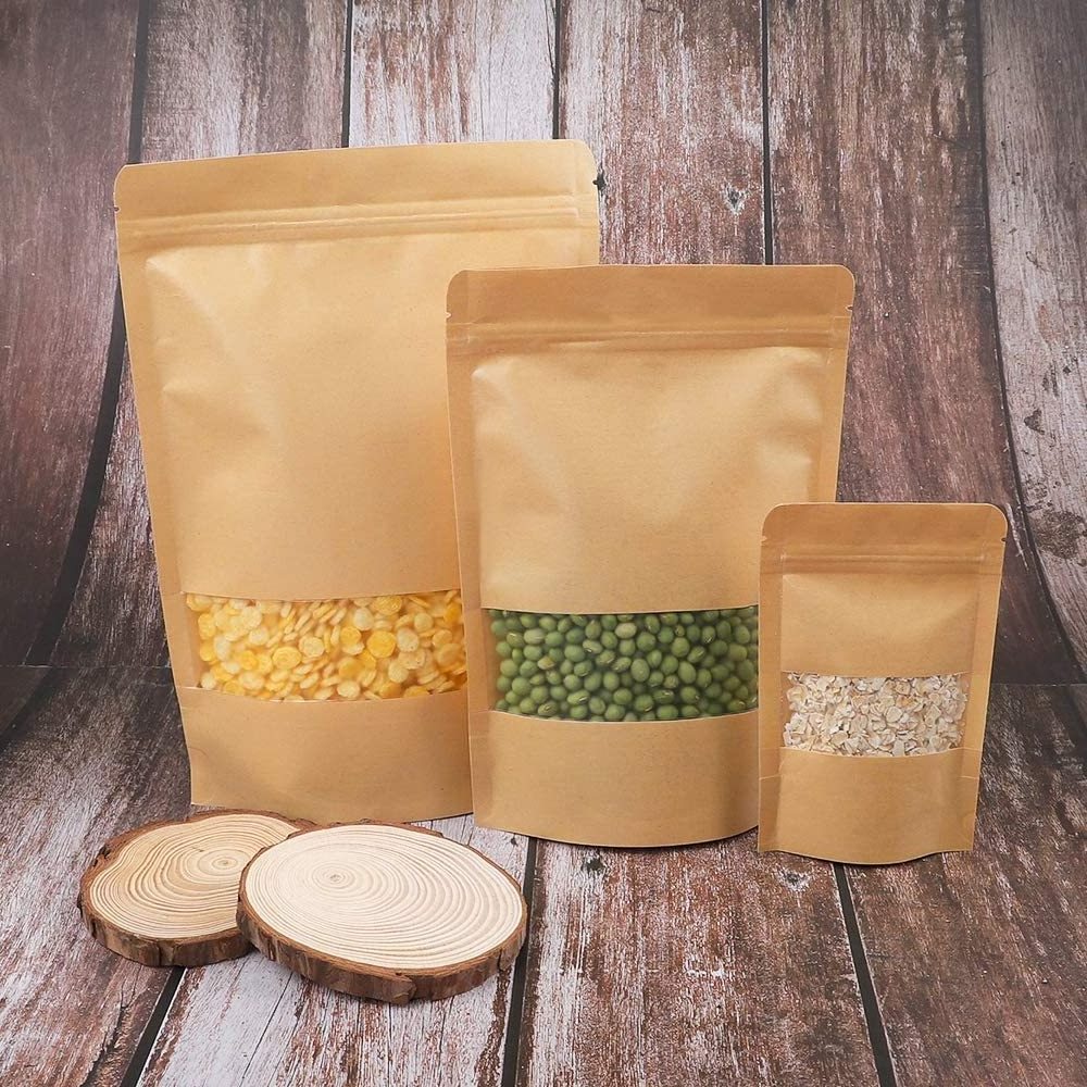 Biodegradable recycled customized stand up pouches dry food packaging brown kraft paper bags with translucent window