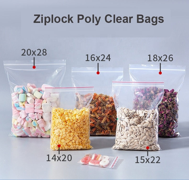 Clear Transparent plastic reclosable food grade zip poly bags with resealable zipper