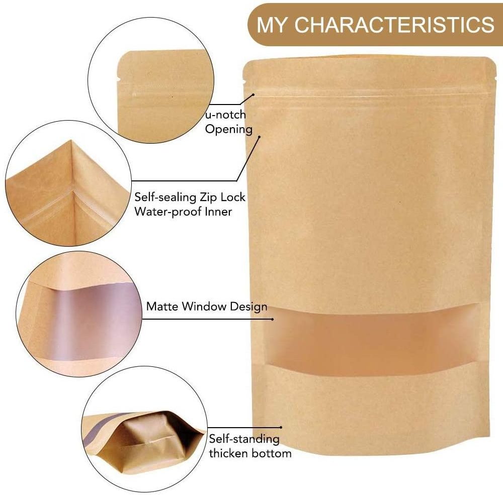 Biodegradable recycled customized stand up pouches dry food packaging brown kraft paper bags with translucent window