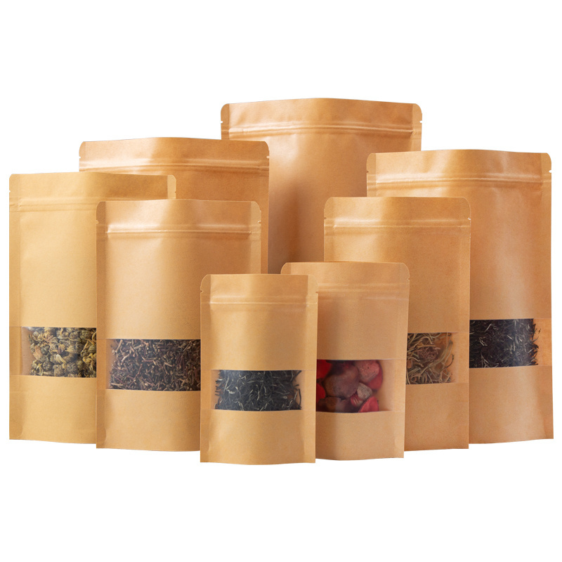 Biodegradable recycled customized stand up pouches dry food packaging brown kraft paper bags with translucent window