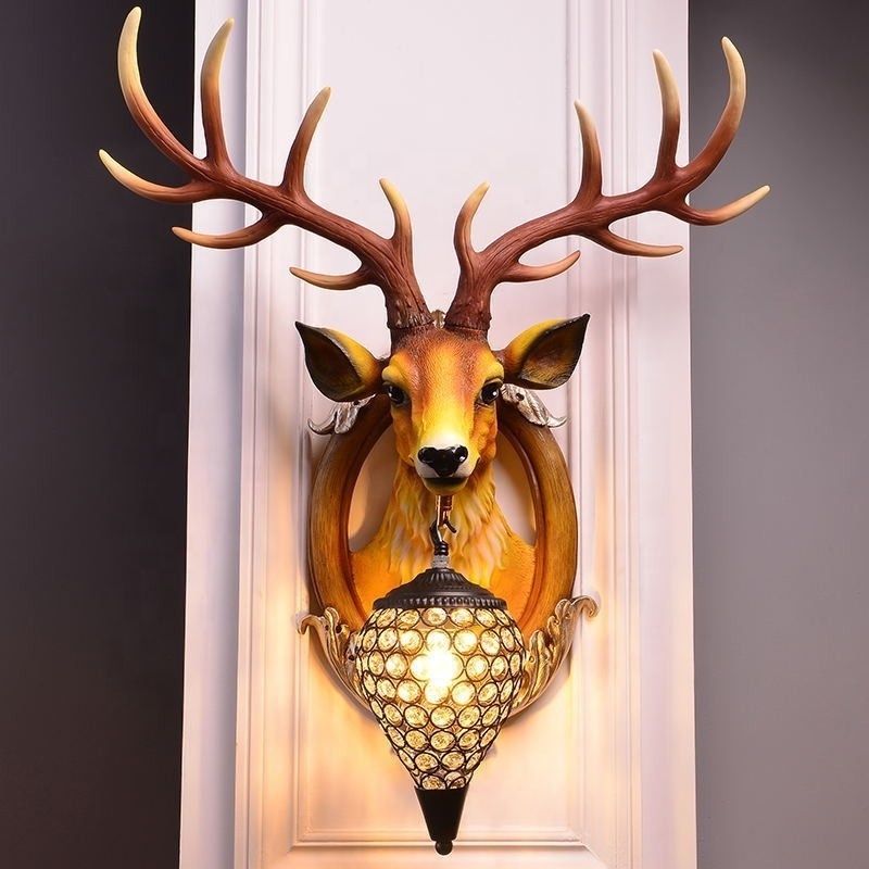 Animal Wall Light Water Drop Crystal Lamp Shade White Spotted Deer Resin Antler Wall Lamp