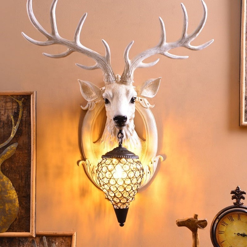 Animal Wall Light Water Drop Crystal Lamp Shade White Spotted Deer Resin Antler Wall Lamp