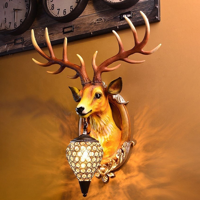 Animal Wall Light Water Drop Crystal Lamp Shade White Spotted Deer Resin Antler Wall Lamp