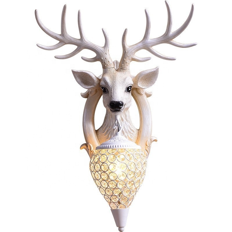 Animal Wall Light Water Drop Crystal Lamp Shade White Spotted Deer Resin Antler Wall Lamp