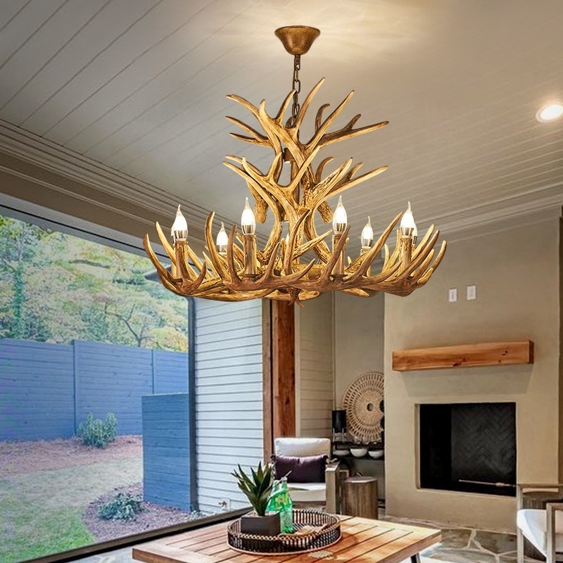 European Modern Rustic Pendant Light Candle Large Antique Deer Horn Antler Chandelier Lighting