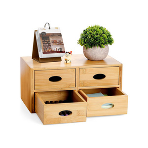 Bamboo Desk Organizer 100% Natural Bamboo Tabletop Storage Box with 4 Drawers