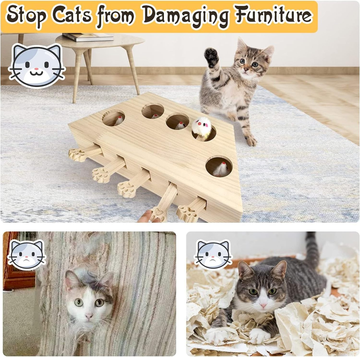 Cat Enrichment Toys for Indoor Cats Solid Wood Kitten Whack A Mole Interactive Box Catch Mice Game Cat Puzzle Toy