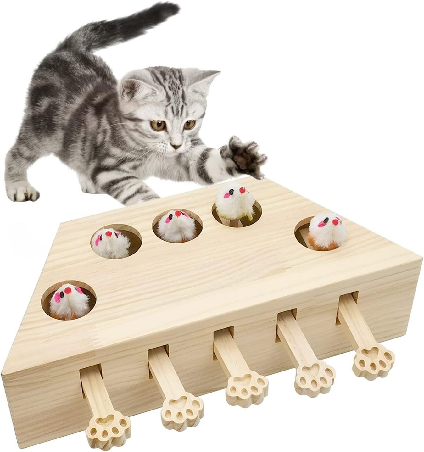 Cat Enrichment Toys for Indoor Cats Solid Wood Kitten Whack A Mole Interactive Box Catch Mice Game Cat Puzzle Toy