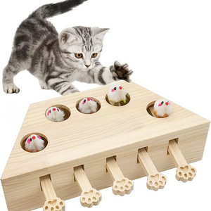 Cat Enrichment Toys for Indoor Cats Solid Wood Kitten Whack A Mole Interactive Box Catch Mice Game Cat Puzzle Toy