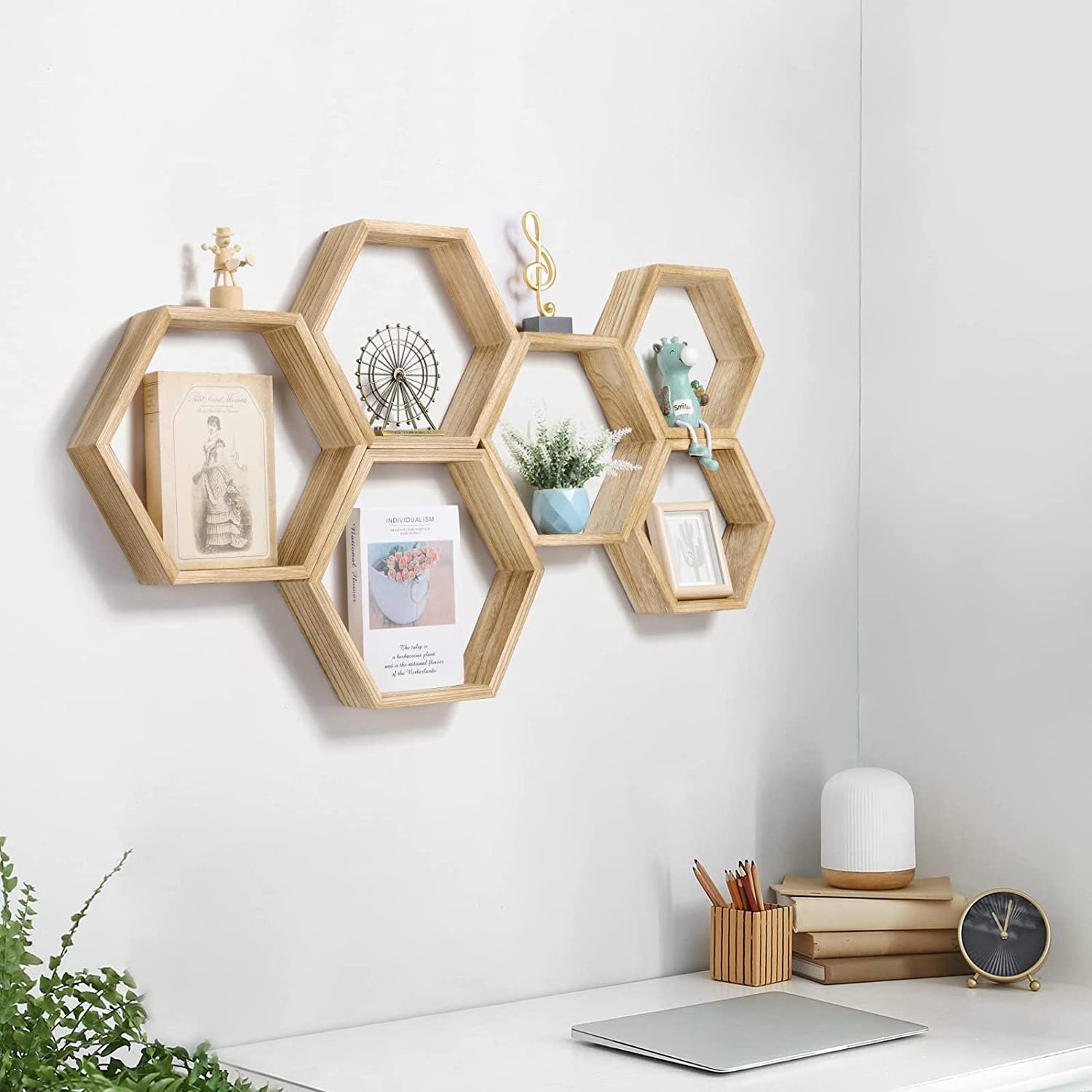 Hexagonal floating shelf wall mounted cellular wall shelf for farmhouse storage hexagon wood wall shelves