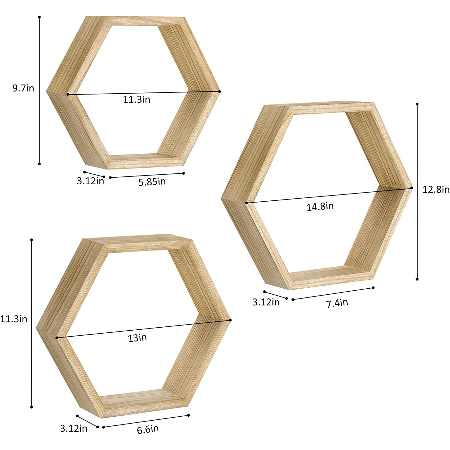 Hexagonal floating shelf wall mounted cellular wall shelf for farmhouse storage hexagon wood wall shelves