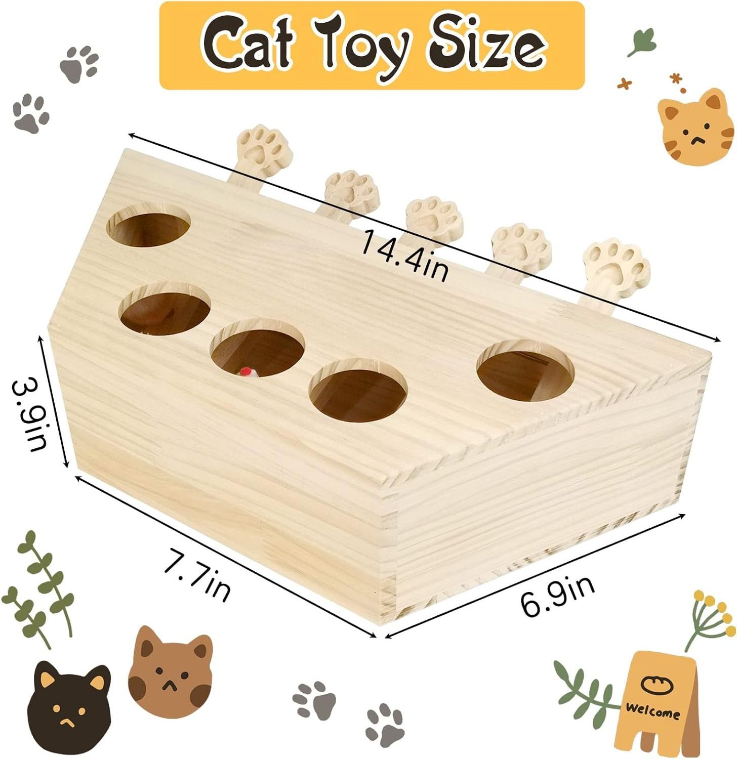 Cat Enrichment Toys for Indoor Cats Solid Wood Kitten Whack A Mole Interactive Box Catch Mice Game Cat Puzzle Toy