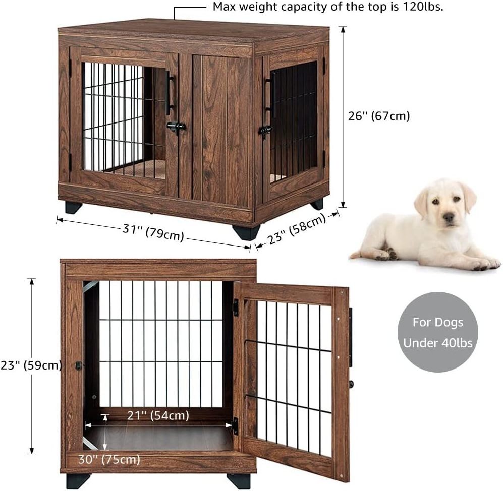 Double Doors Wooden Wire Dog Kennel End Table Pet Crate with Soft Bed