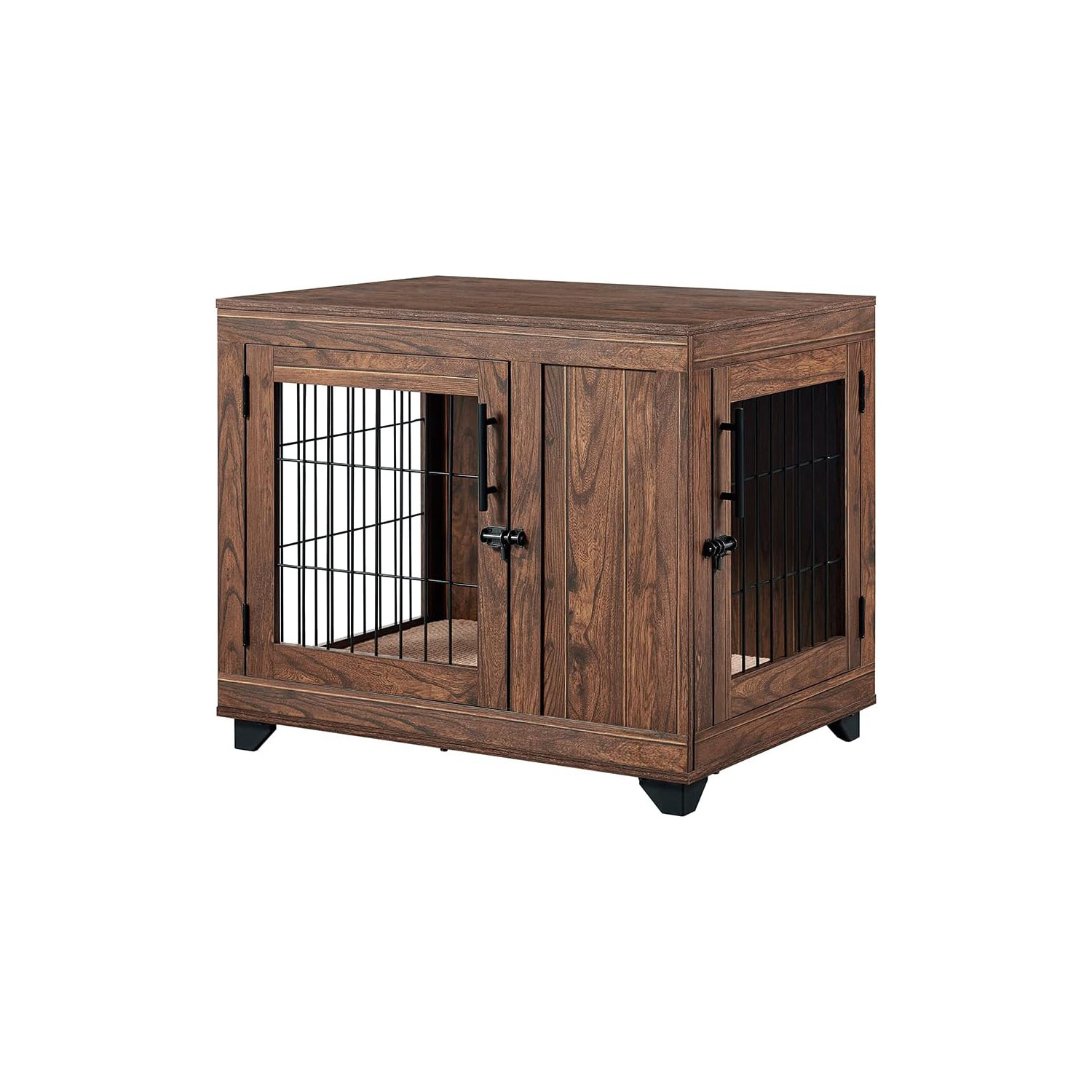 Double Doors Wooden Wire Dog Kennel End Table Pet Crate with Soft Bed