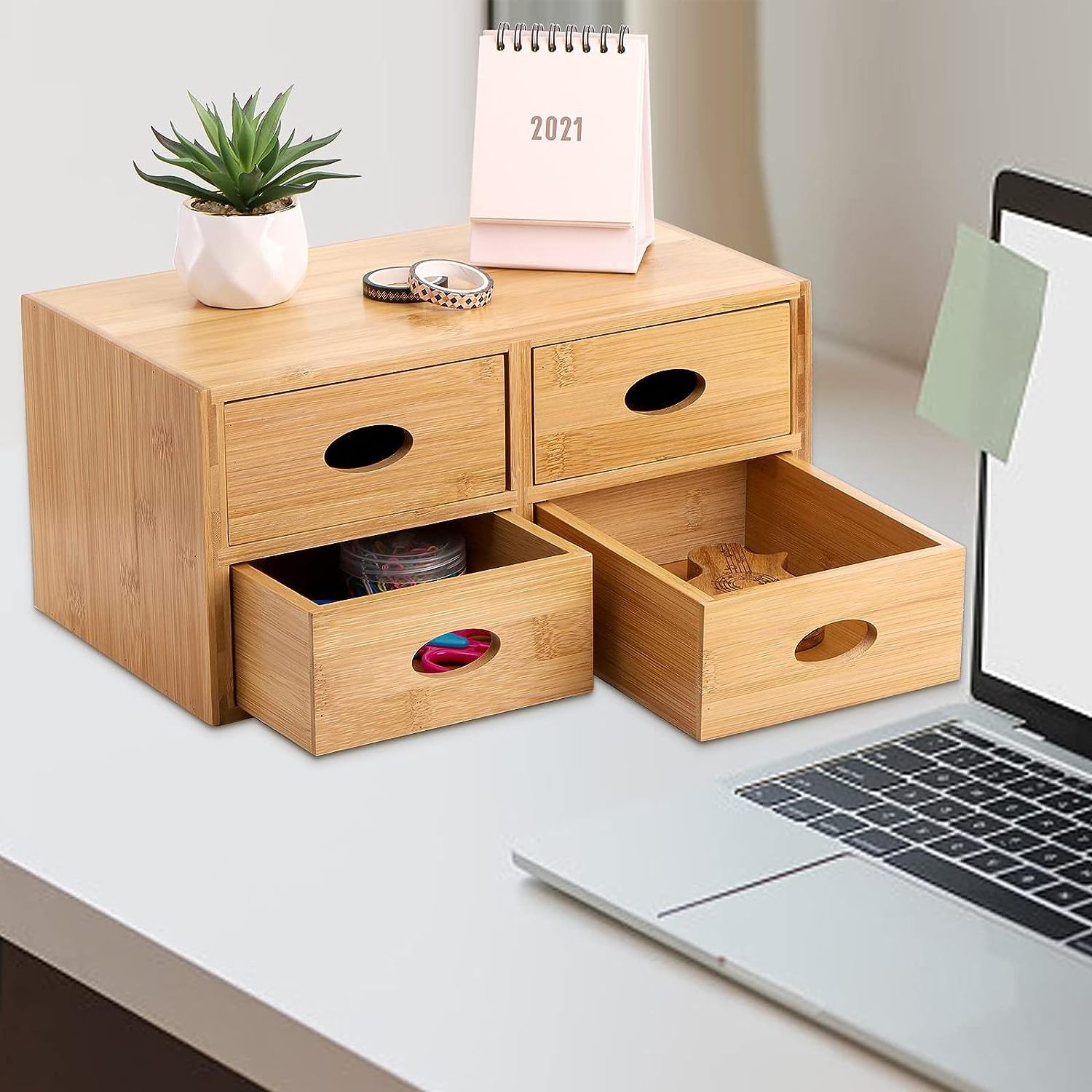 Bamboo Desk Organizer 100% Natural Bamboo Tabletop Storage Box with 4 Drawers