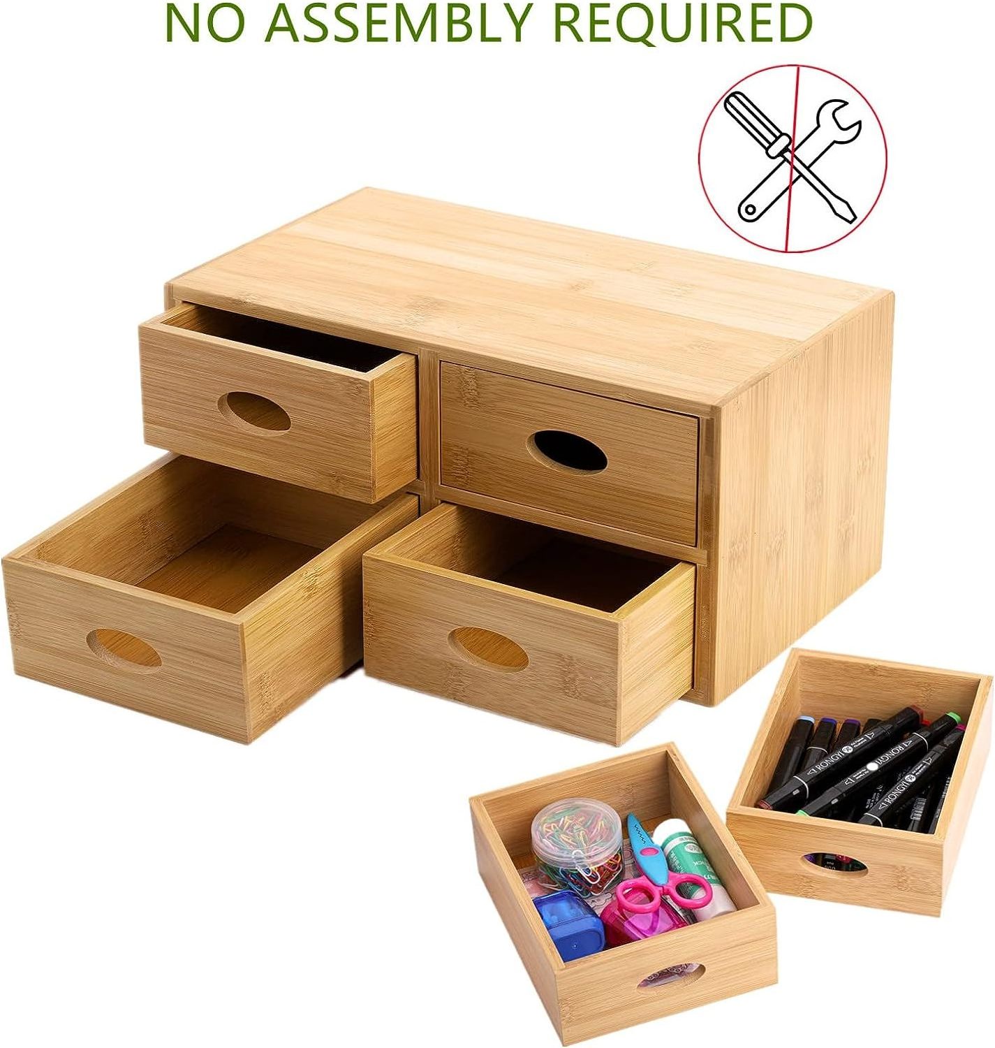 Bamboo Desk Organizer 100% Natural Bamboo Tabletop Storage Box with 4 Drawers