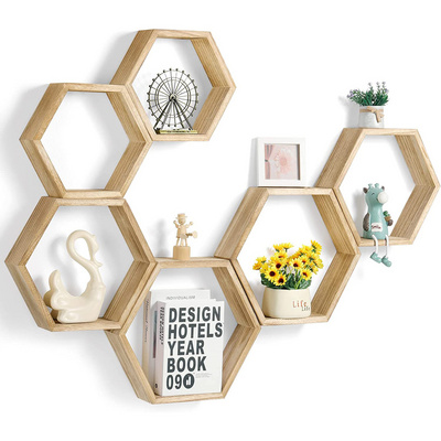 Hexagonal floating shelf wall mounted cellular wall shelf for farmhouse storage hexagon wood wall shelves