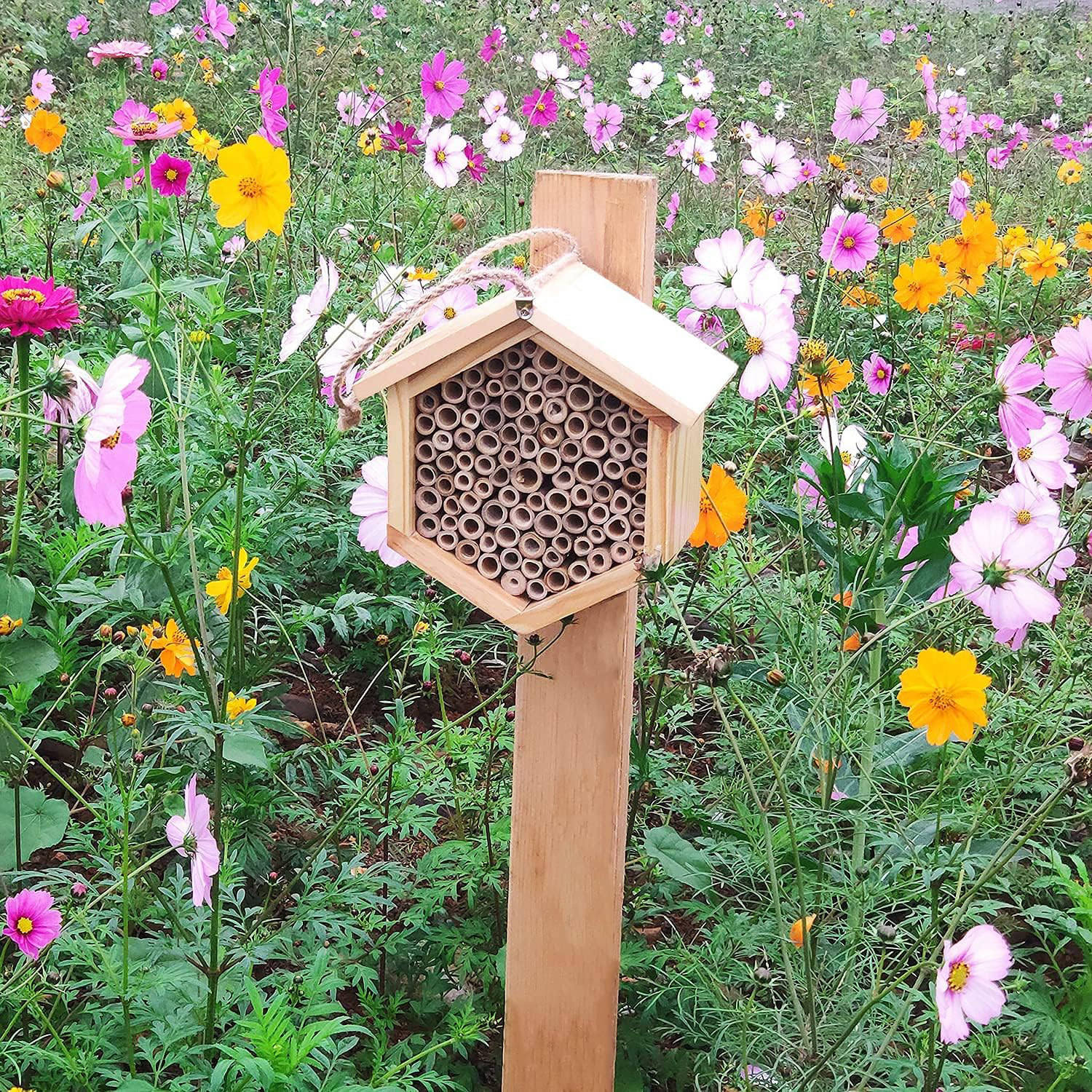 Natural Handmade Wooden Mason Bee Box Residential Home with Bamboo Tube Quiet Bee Pollinator wood nuc bee box