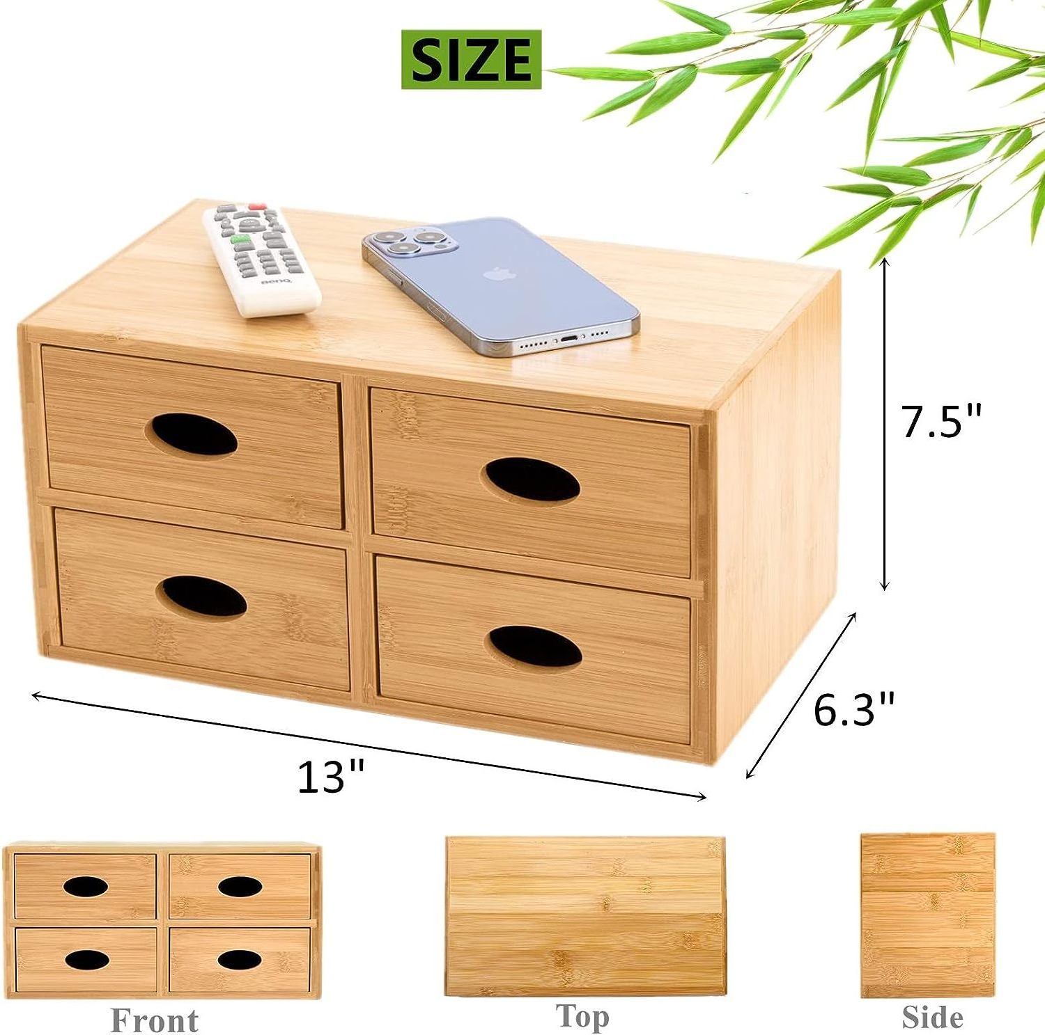 Bamboo Desk Organizer 100% Natural Bamboo Tabletop Storage Box with 4 Drawers