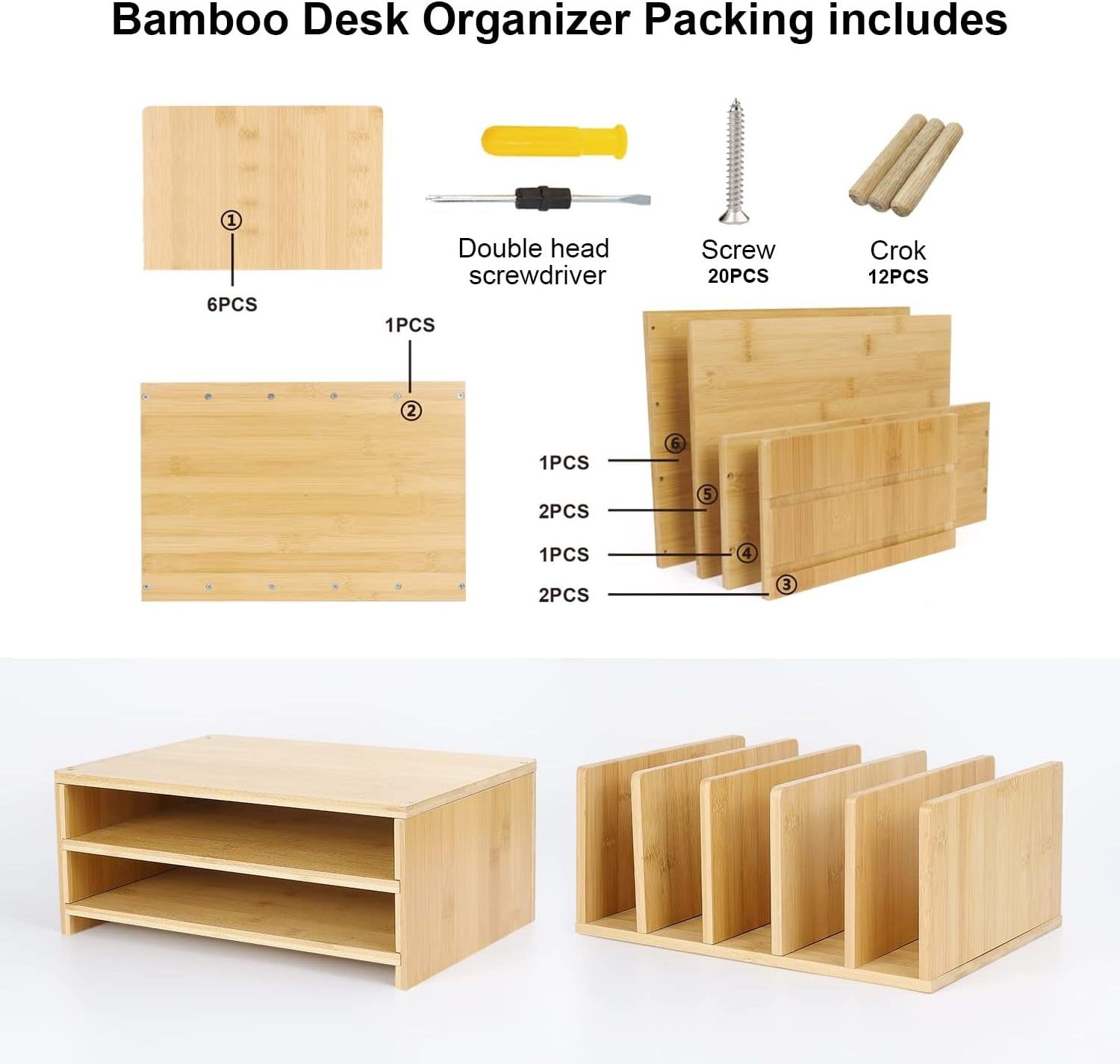 Bamboo Office Desk Accessories Workspace Organizer with Storage Drawers 2 Paper Tray and 5 Upright Slots