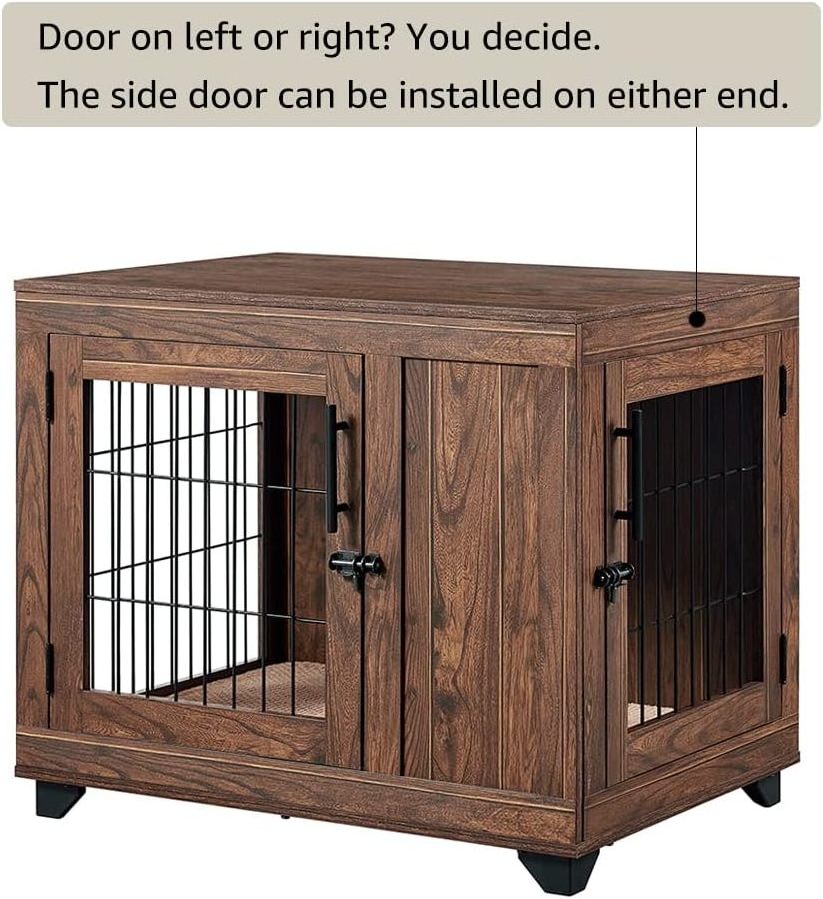 Double Doors Wooden Wire Dog Kennel End Table Pet Crate with Soft Bed