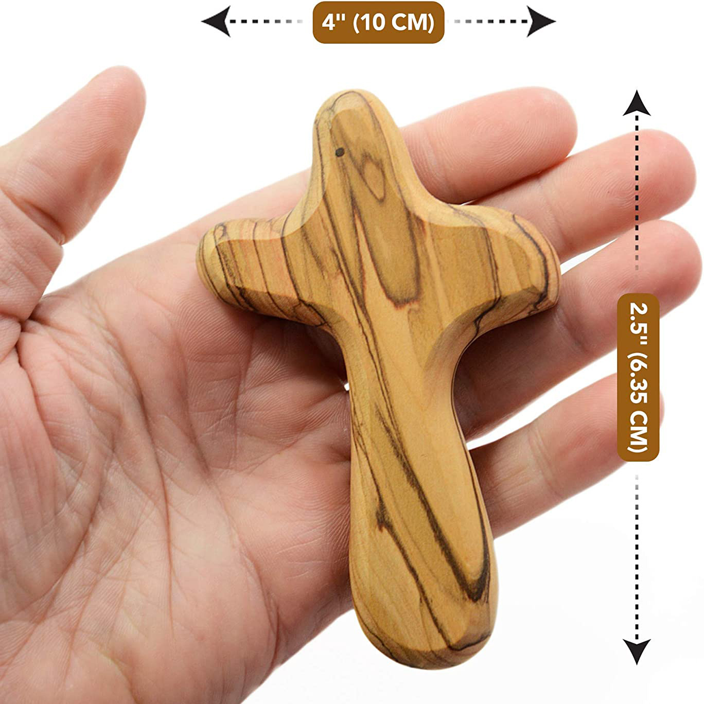 Hold an olive wood adsorption cross in delicate prayer olive wood comfort cross