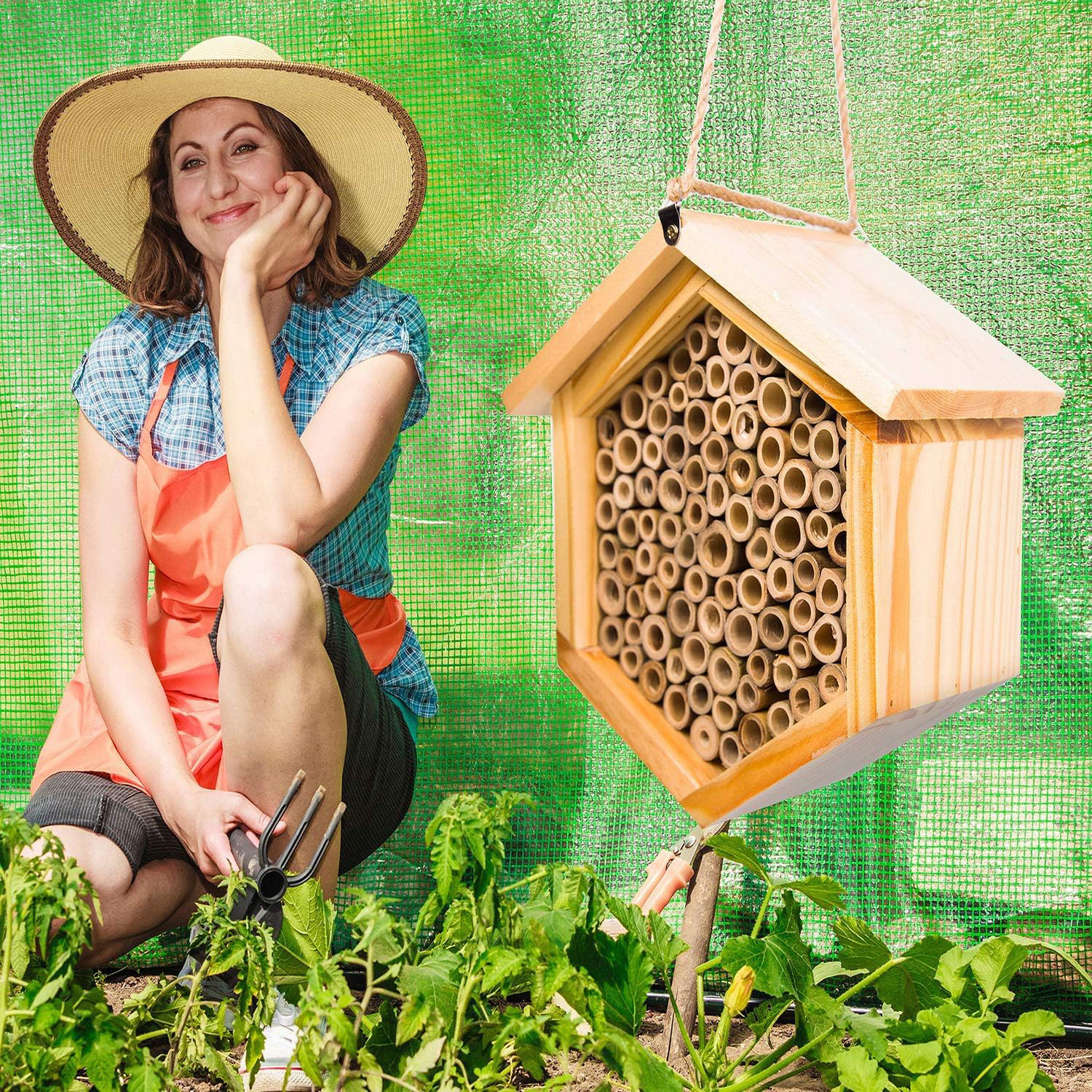 Natural Handmade Wooden Mason Bee Box Residential Home with Bamboo Tube Quiet Bee Pollinator wood nuc bee box