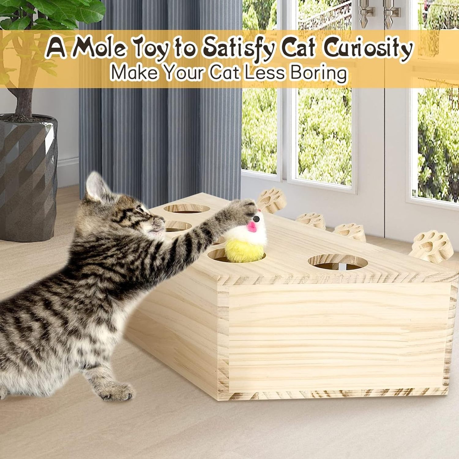 Cat Enrichment Toys for Indoor Cats Solid Wood Kitten Whack A Mole Interactive Box Catch Mice Game Cat Puzzle Toy