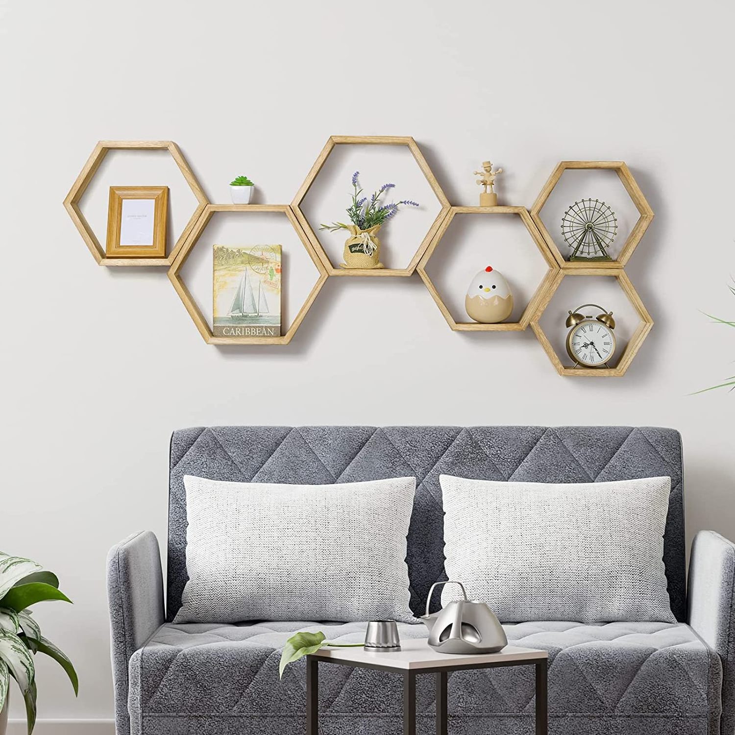 Hexagonal floating shelf wall mounted cellular wall shelf for farmhouse storage hexagon wood wall shelves