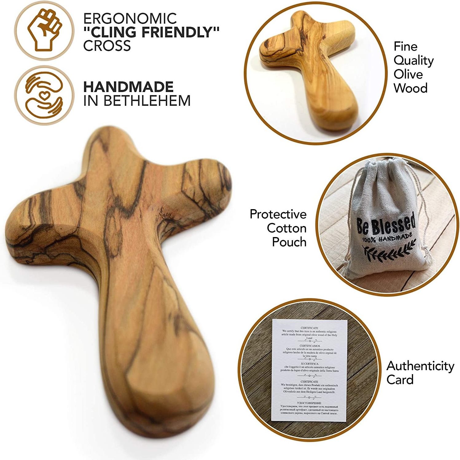 Hold an olive wood adsorption cross in delicate prayer olive wood comfort cross