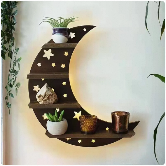 Wooden Luminous Moon Butterfly Wall Shelf Bedroom Decorative Wall Shelf Organizer