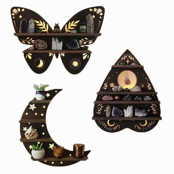 Wooden Luminous Moon Butterfly Wall Shelf Bedroom Decorative Wall Shelf Organizer