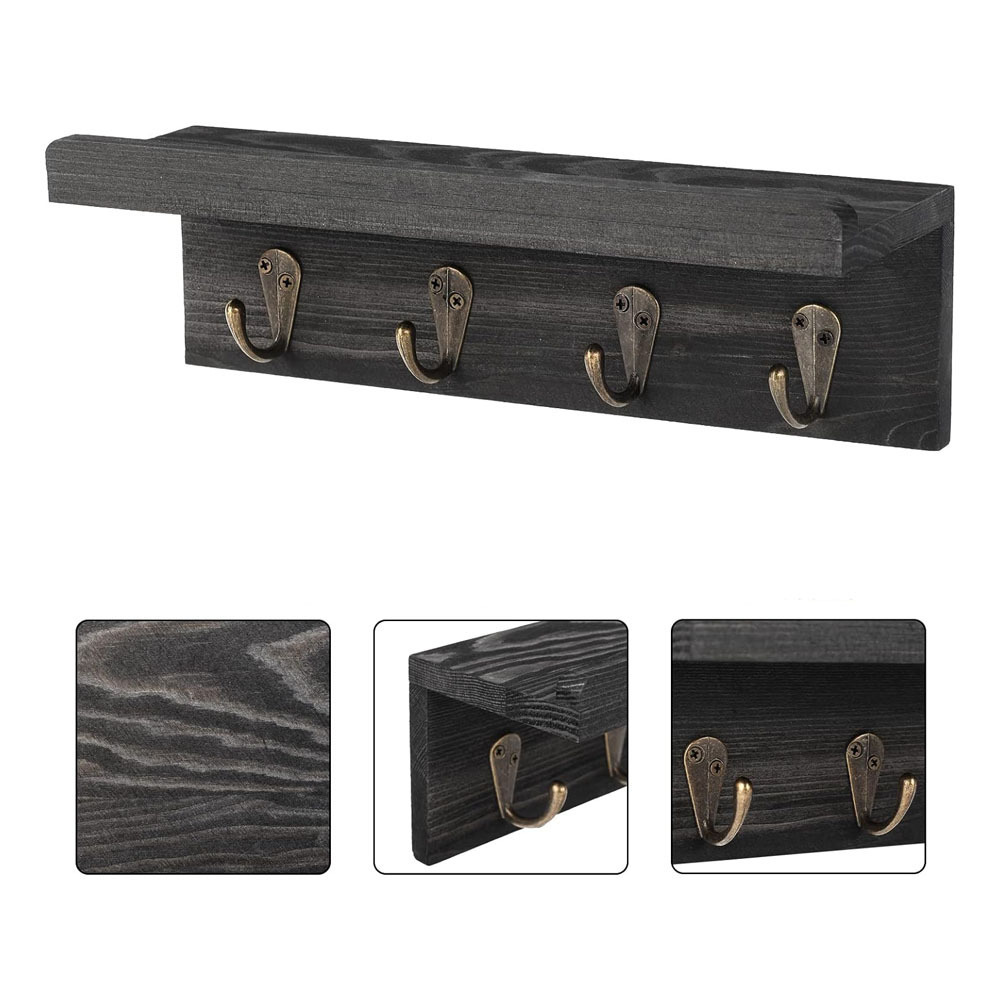 Rustic Brown Black Wall Mount Entryway Hanging Shelf with 5 Metal Hooks Wall Hooks with Shelf Wood Coat Rack