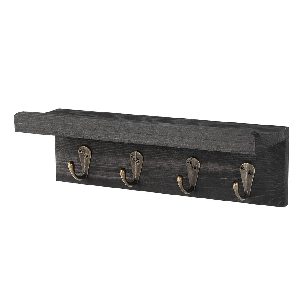 Rustic Brown Black Wall Mount Entryway Hanging Shelf with 5 Metal Hooks Wall Hooks with Shelf Wood Coat Rack