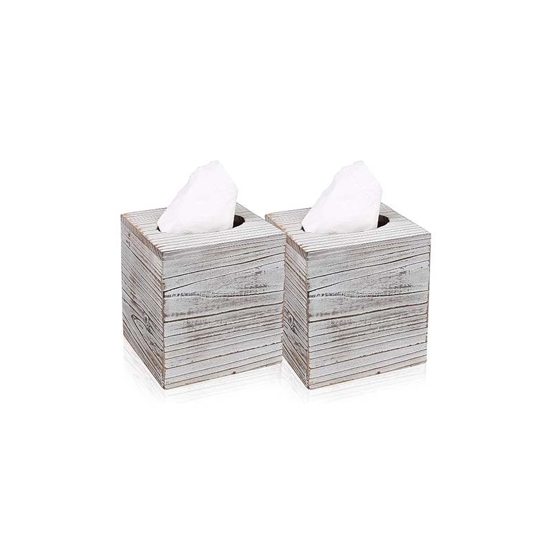 2 Pack White Tissue Box Cover Slide-Out Bottom Panel Stylish Pine Square Farmhouse Bathroom Decor Includes Tissue Box Holder