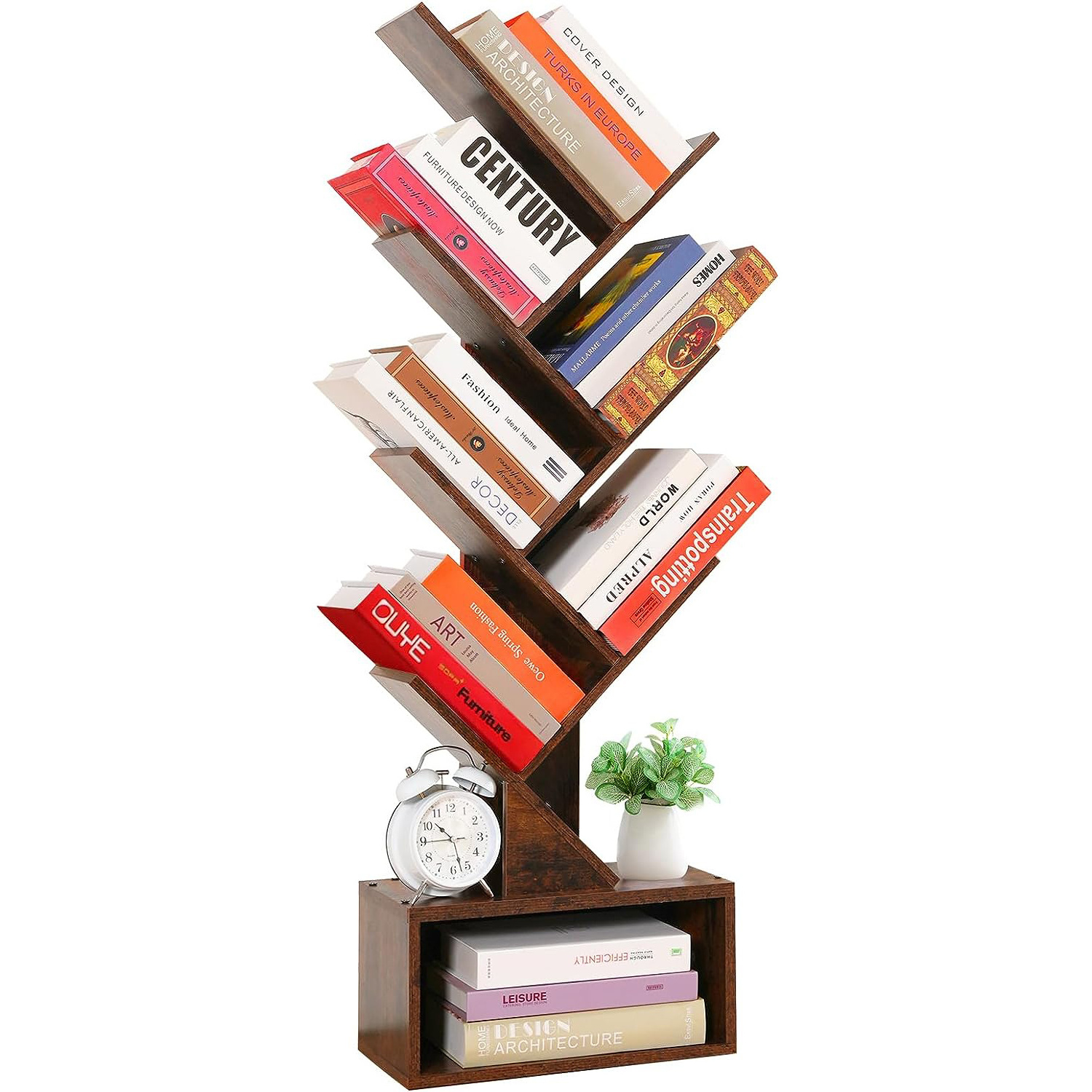 6 Tier Tree Bookshelf Free Standing Bookcase Rust Brown Storage Bookshelf