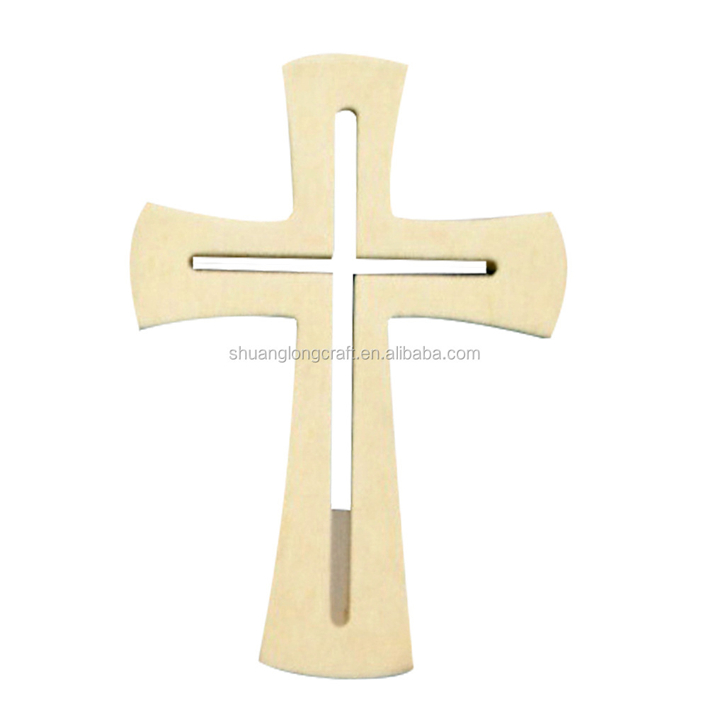 Carved wood craft cross, pine wood hand cross