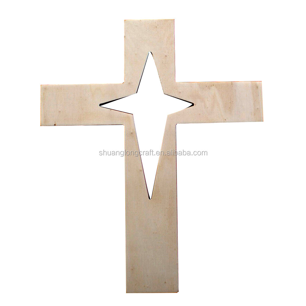 Carved wood craft cross, pine wood hand cross