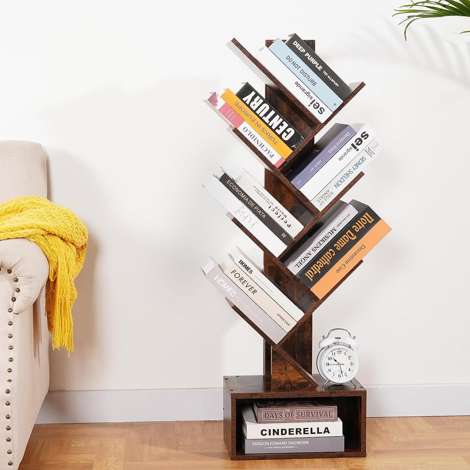 6 Tier Tree Bookshelf Free Standing Bookcase Rust Brown Storage Bookshelf