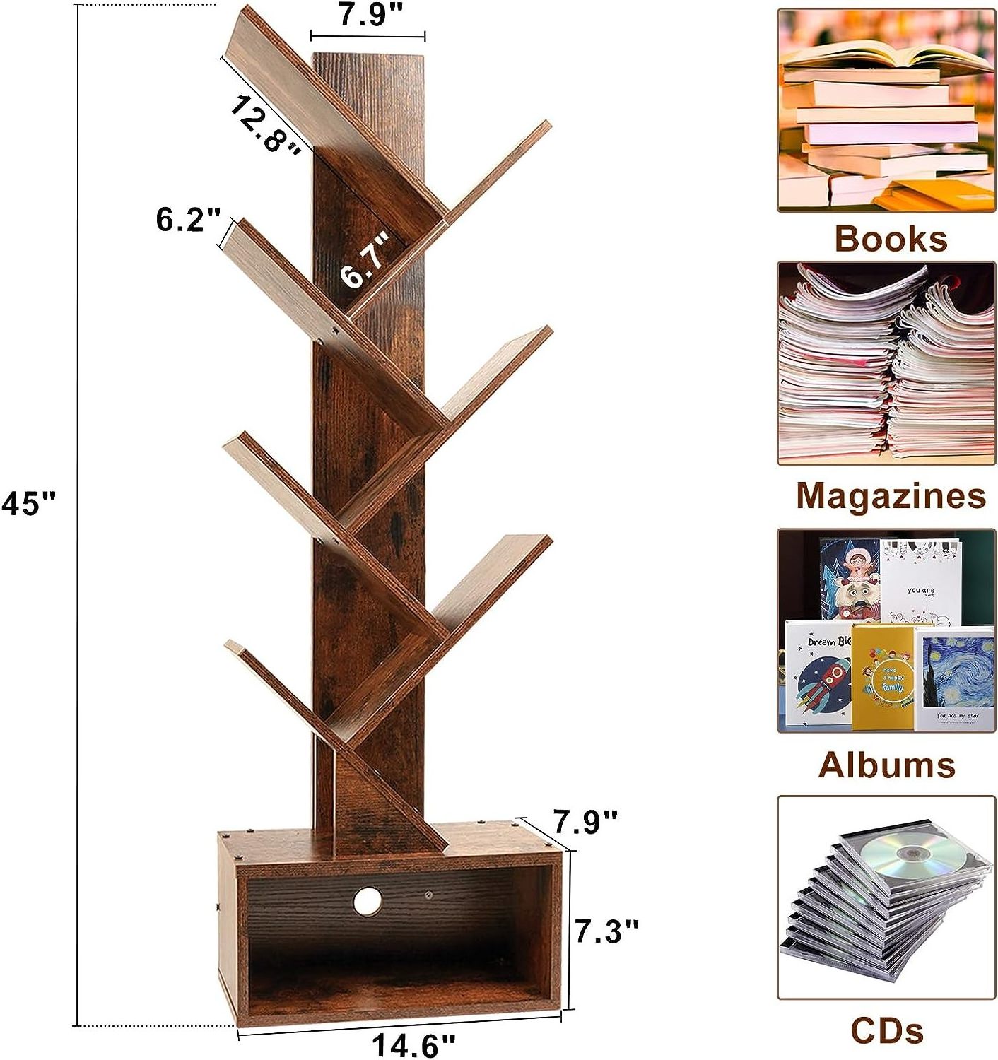 6 Tier Tree Bookshelf Free Standing Bookcase Rust Brown Storage Bookshelf