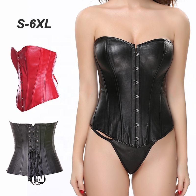 Party Fashion Plus Size 6XL Black Leather Overbust Bustier And Corset Top Women Sexy