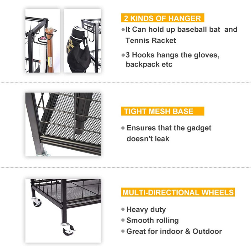 Hot Selling Metal Garage Sports Equipment Organizer, Ball Storage Rack, Sports Gear Basketball Storage with Baskets and HooK