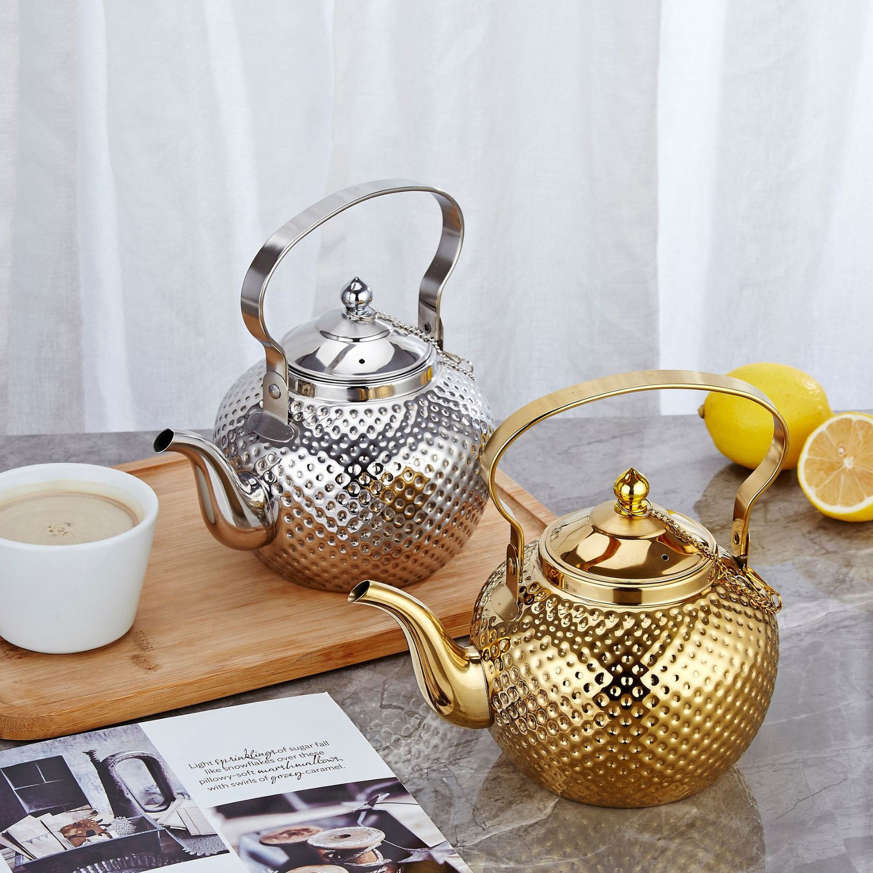 New Arrival SAudi Arabian Style Embossed Gold Silver Luxury1.2L 1.5L 2.0L Kitchen Stainless Steel Tea Water Kettle