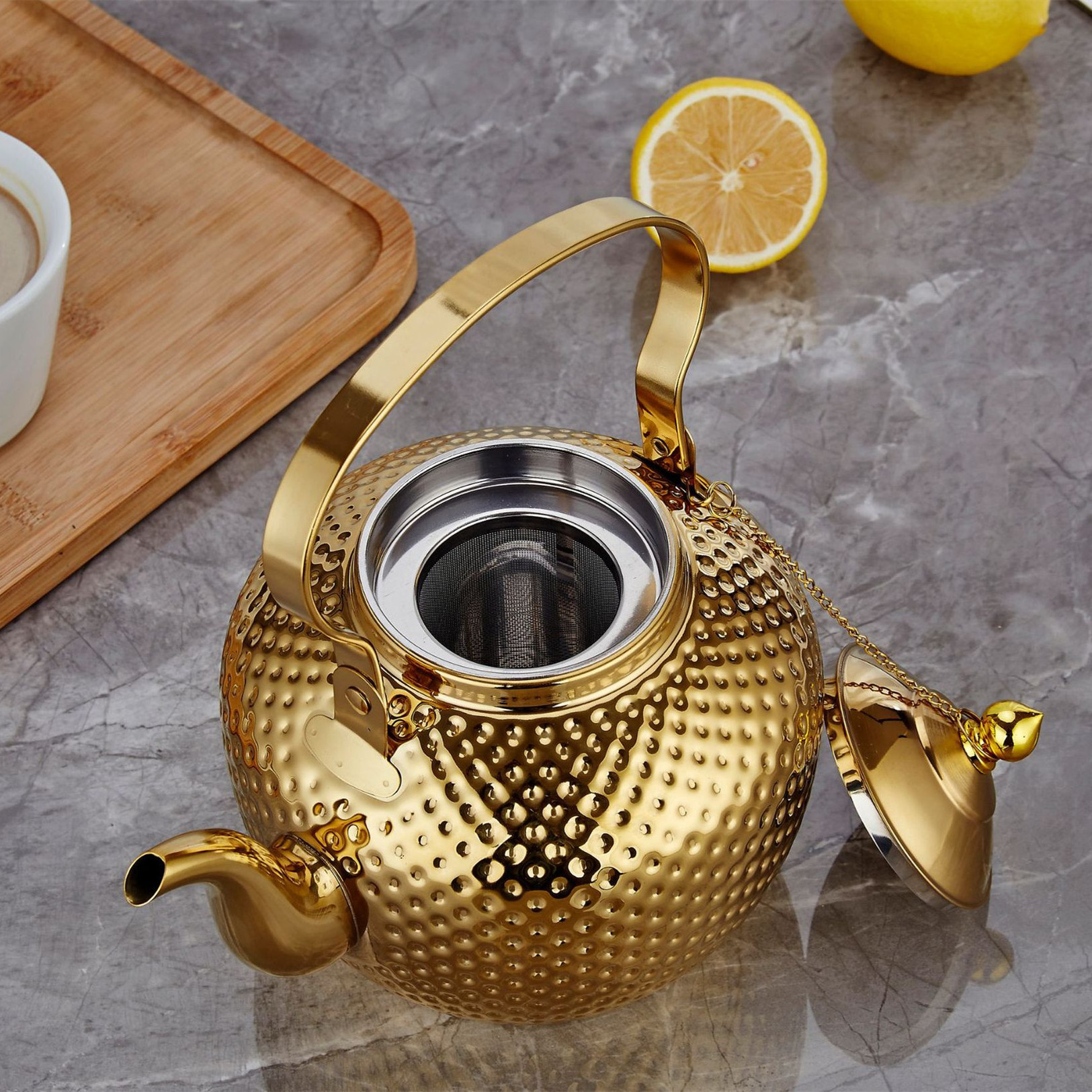 New Arrival SAudi Arabian Style Embossed Gold Silver Luxury1.2L 1.5L 2.0L Kitchen Stainless Steel Tea Water Kettle