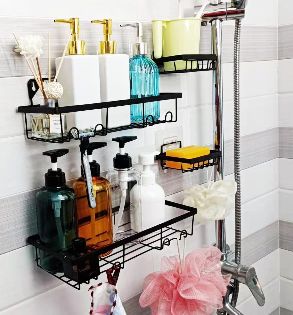 Wall Mounted Shelf Organizer Corner Bathroom Shower Caddy Hanging Black Shower Caddies