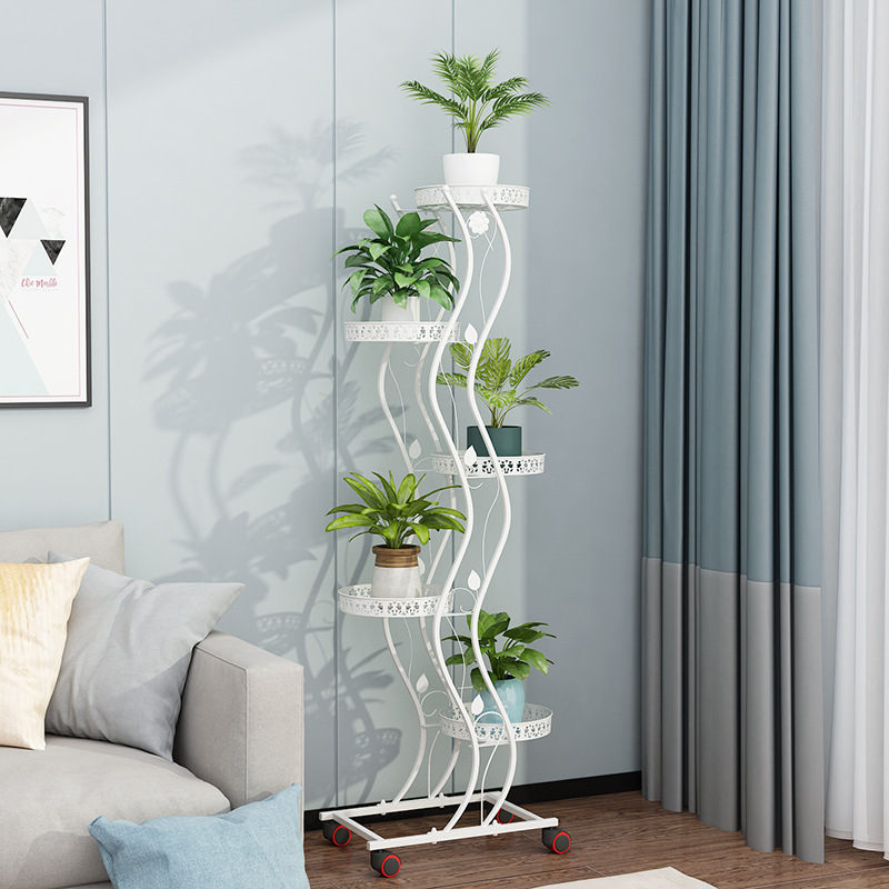 Flower storage rack iron art multi-layer wheeled provincial space flower pot rack balcony living room climbing vine rack