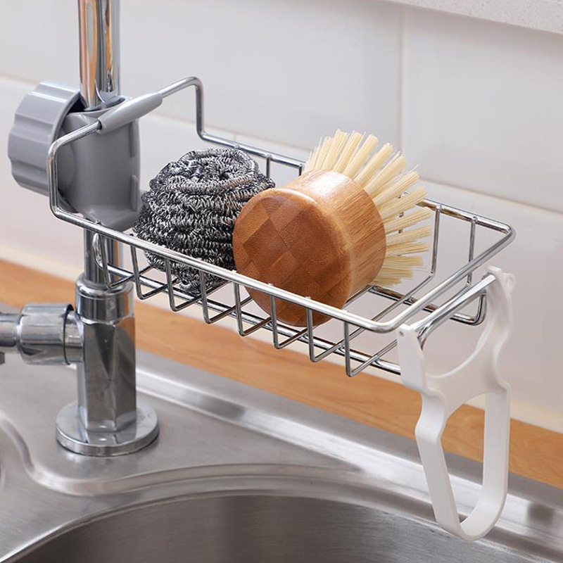 Kitchen metal faucet storage rack drainage rack household hole free, sink soap box storage rack