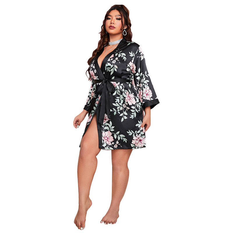 Fashion Design Sexy Silk Plus Size Print Floral Breathable Soft Elegant Women Sleepwear