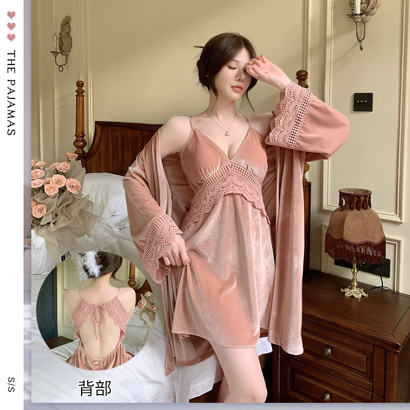 Custom Autumn And Winter Golden Velvet Pure Wind Sexy Slip Nightdress Home Suit Two Pieces